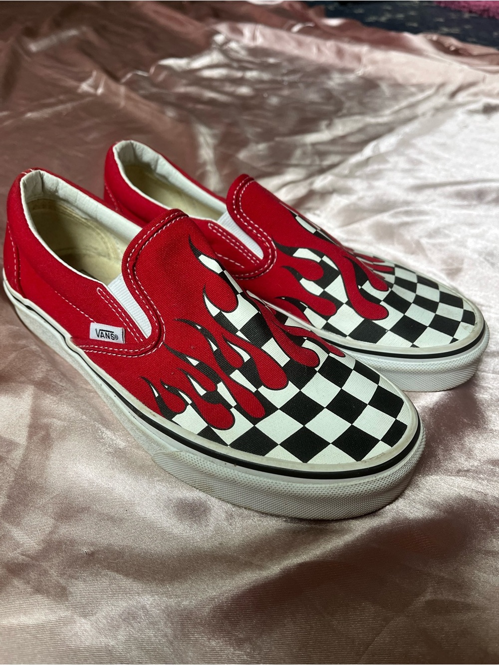 Vans Black Checker Slip-On with Red Flame Accent
